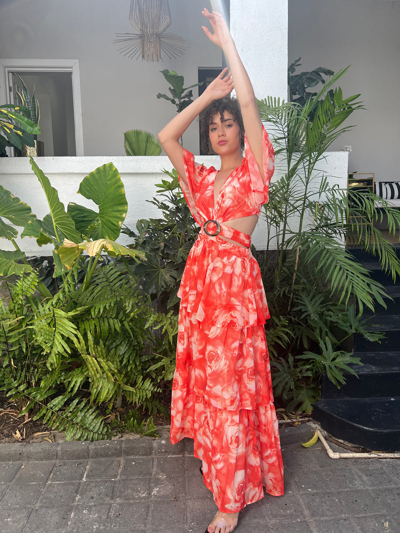 Vestido Floral Naranja "Escote en V"