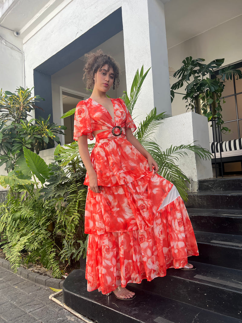 Vestido Floral Naranja "Escote en V"