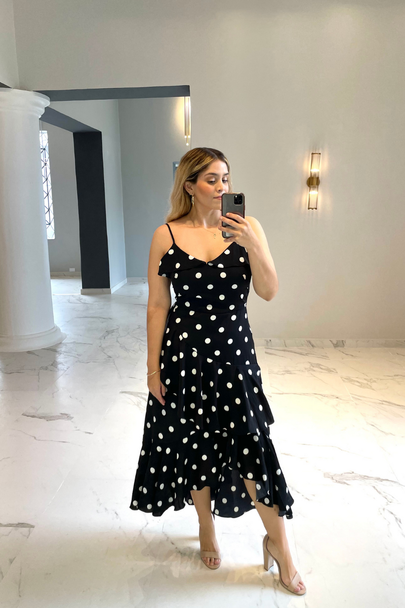 Vestido polka dot, tirantes Black & Rose