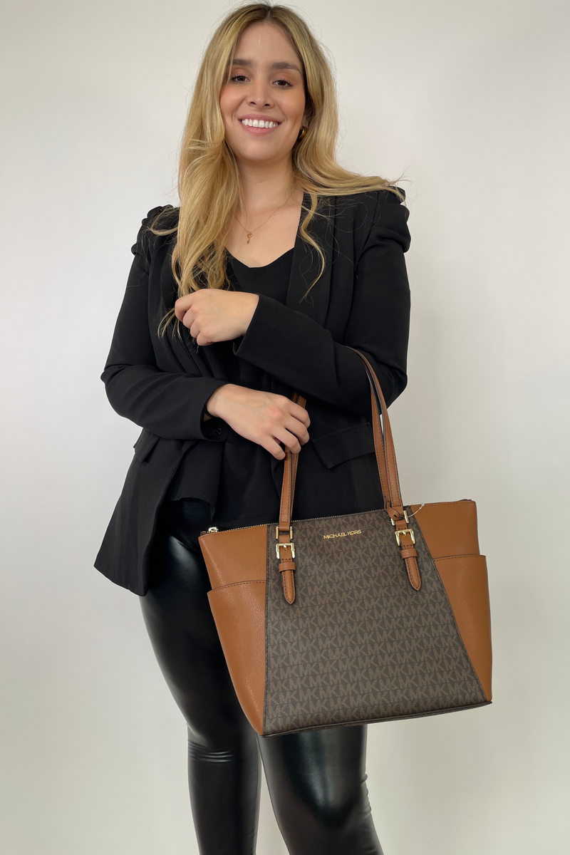 Charlotte saffiano leather large top zip tote cafe MK -30%