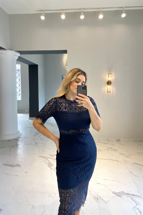 Vestido midi encaje azul marino