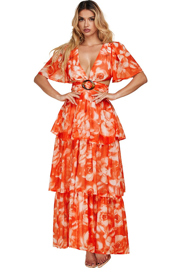 Vestido Floral Naranja "Escote en V"