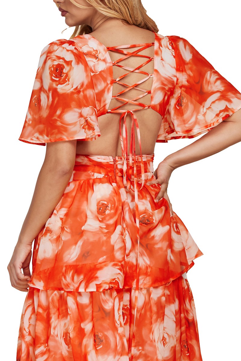 Vestido Floral Naranja "Escote en V"