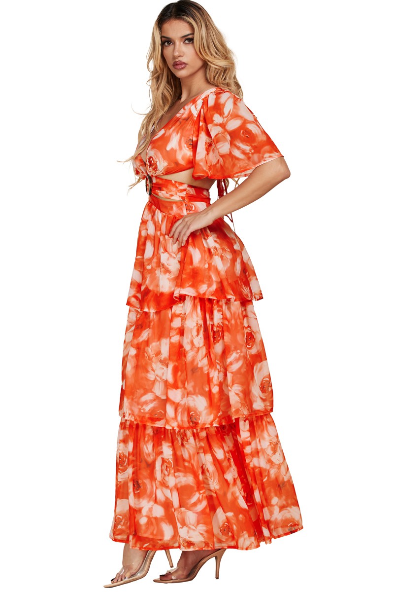 Vestido Floral Naranja "Escote en V"