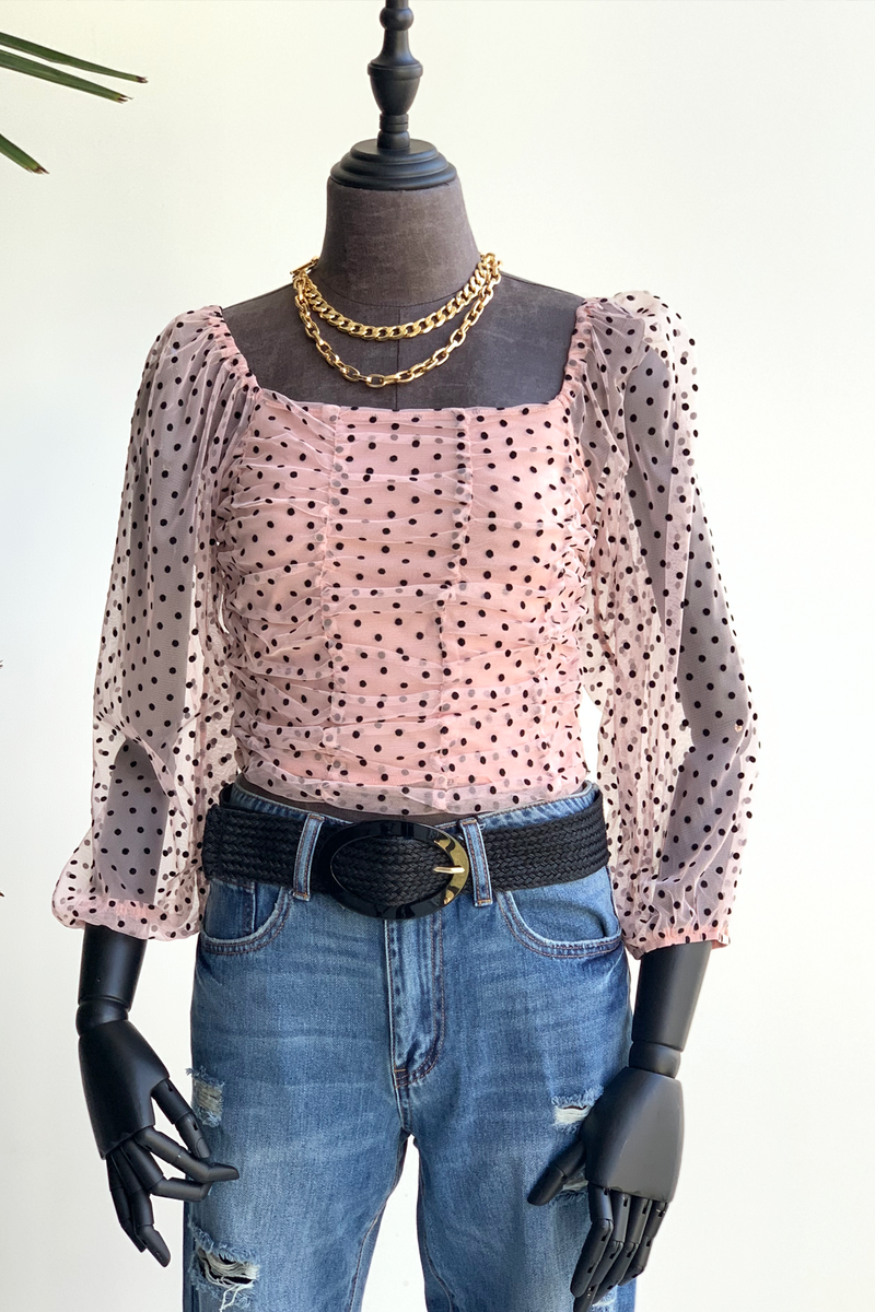 -50% Blusa tull drapeada con tull polka dot