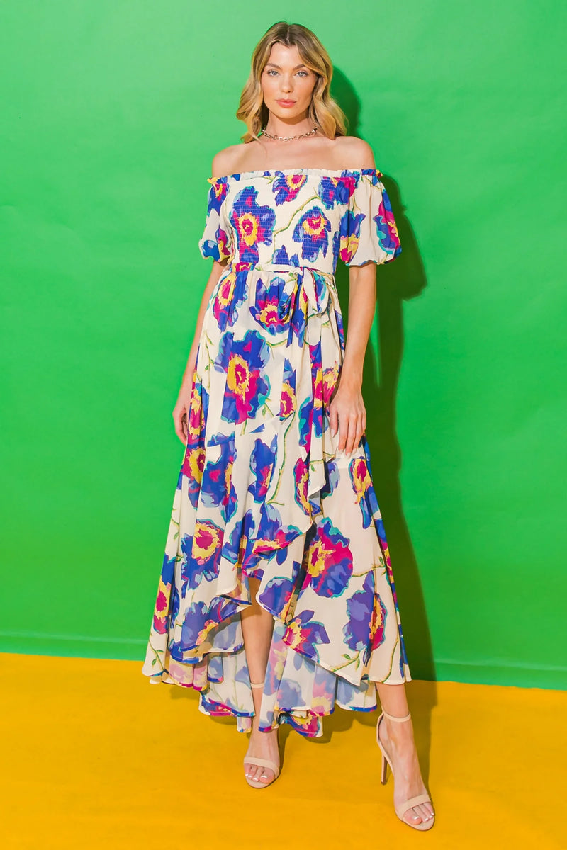 Vestido midi con estampado, honbros descubiertos