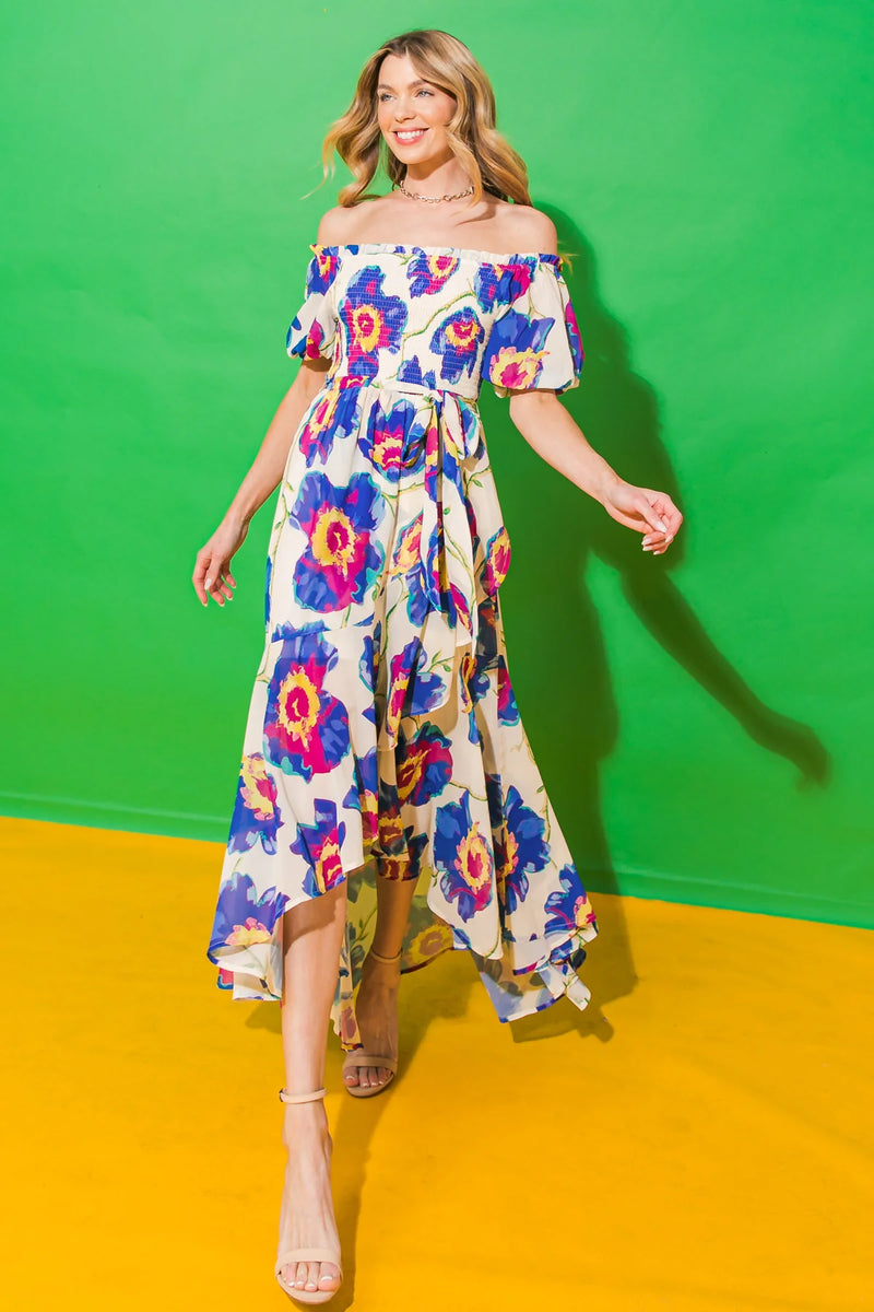 Vestido midi con estampado, honbros descubiertos