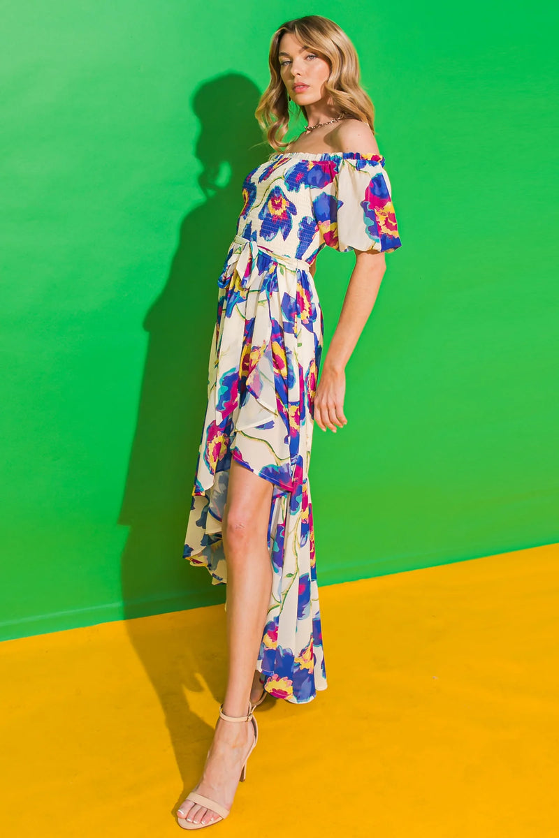 Vestido midi con estampado, honbros descubiertos