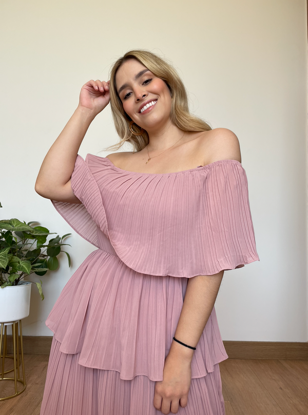 Vestido strapless midi dusty rose