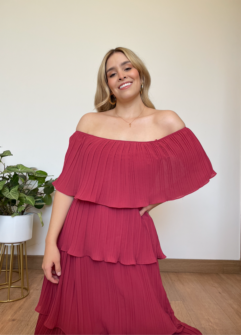 Vestido strapless midi dusty rose